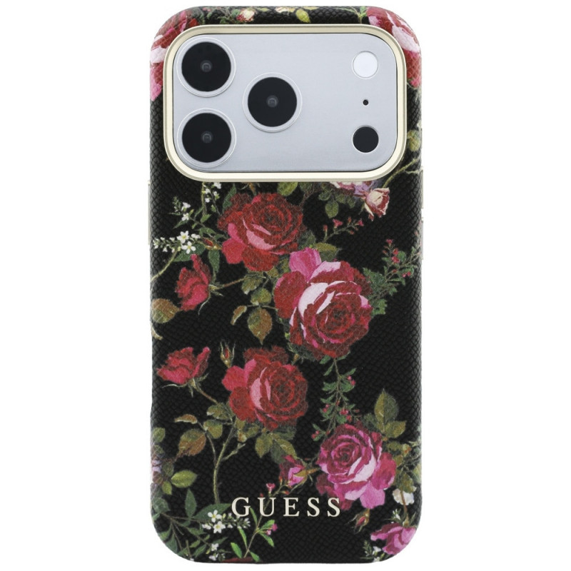 Guess Blossom Roses Print MagSafe-hoesje voor Apple iPhone 18 Pro / 17 Pro, zwart