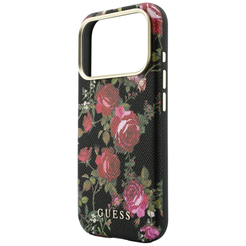 Guess Blossom Roses Print MagSafe-hoesje voor Apple iPhone 18 Pro / 17 Pro, zwart