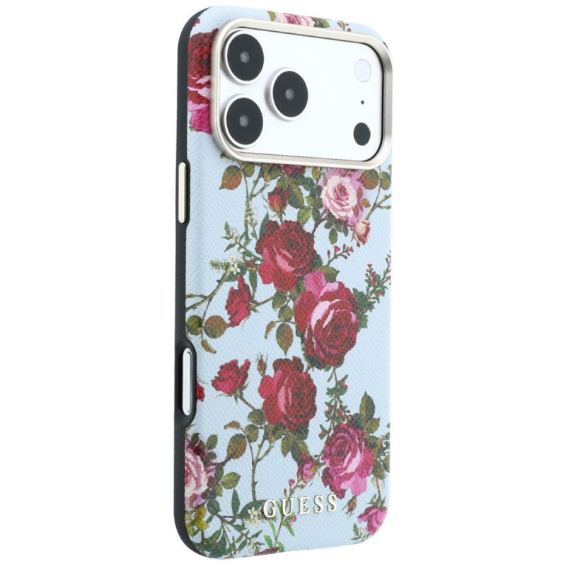 Guess GUE6026 Blossom Roses Print MagSafe-hoesje voor Apple iPhone 18 Pro / 17 Pro, blauw