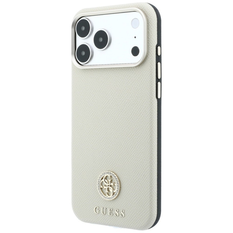 Guess GUE005545 Grained Round Strass Logo MagSafe-hoesje voor Apple iPhone 18 Pro / 17 Pro, beige