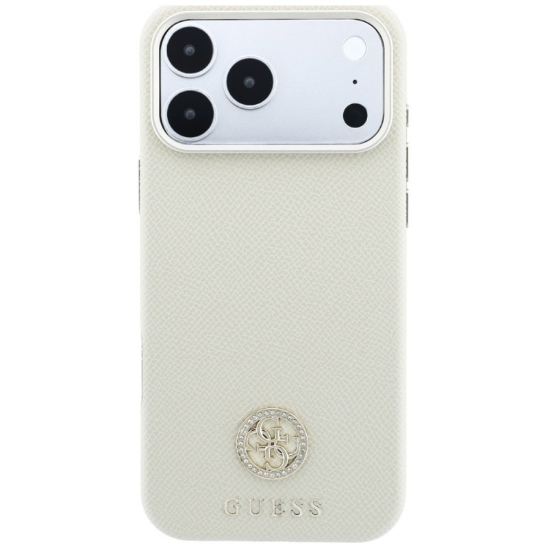 Guess GUE005545 Grained Round Strass Logo MagSafe-hoesje voor Apple iPhone 18 Pro / 17 Pro, beige