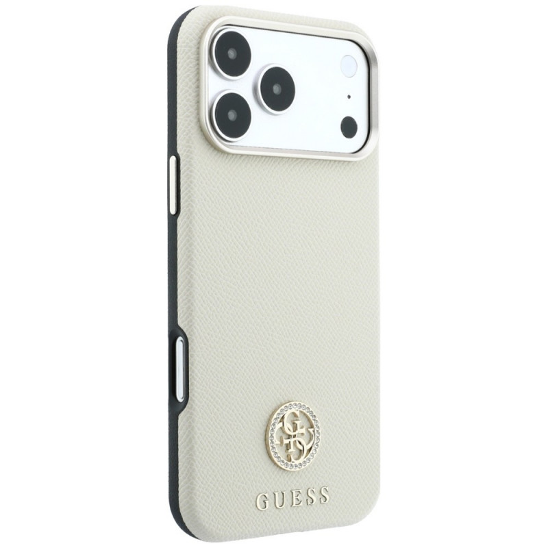 Guess GUE005545 Grained Round Strass Logo MagSafe-hoesje voor Apple iPhone 18 Pro / 17 Pro, beige