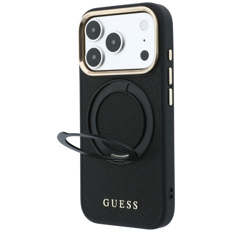 Guess Ring Stand 360 Grained Classic Logo MagSafe-hoesje voor Apple iPhone 18 Pro / 17 Pro, zwart