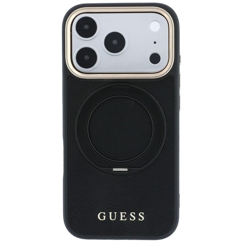 Guess Ring Stand 360 Grained Classic Logo MagSafe-hoesje voor Apple iPhone 18 Pro / 17 Pro, zwart