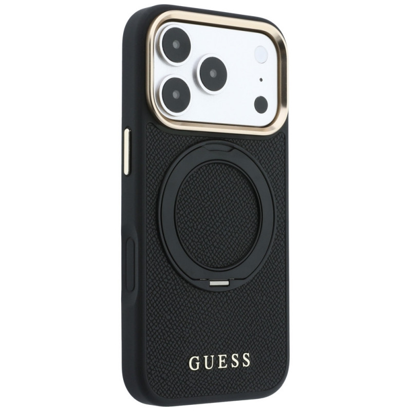 Guess Ring Stand 360 Grained Classic Logo MagSafe-hoesje voor Apple iPhone 18 Pro / 17 Pro, zwart