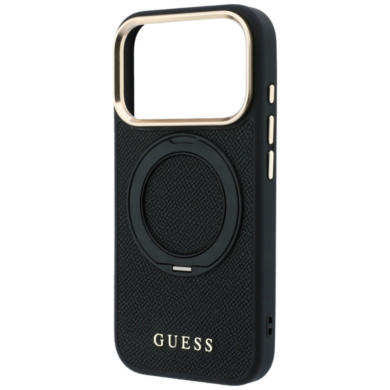 Guess Ring Stand 360 Grained Classic Logo MagSafe-hoesje voor Apple iPhone 18 Pro / 17 Pro, zwart