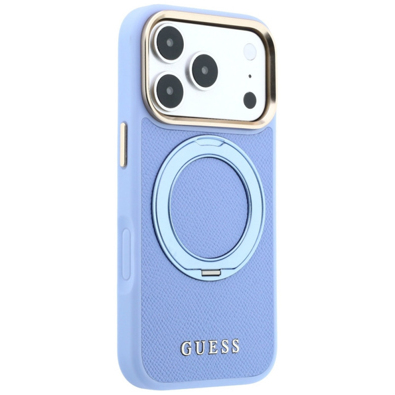 Guess Ring Stand 360 Grained Classic Logo MagSafe-hoesje voor Apple iPhone 18 Pro Max / 17 Pro Max, lichtblauw