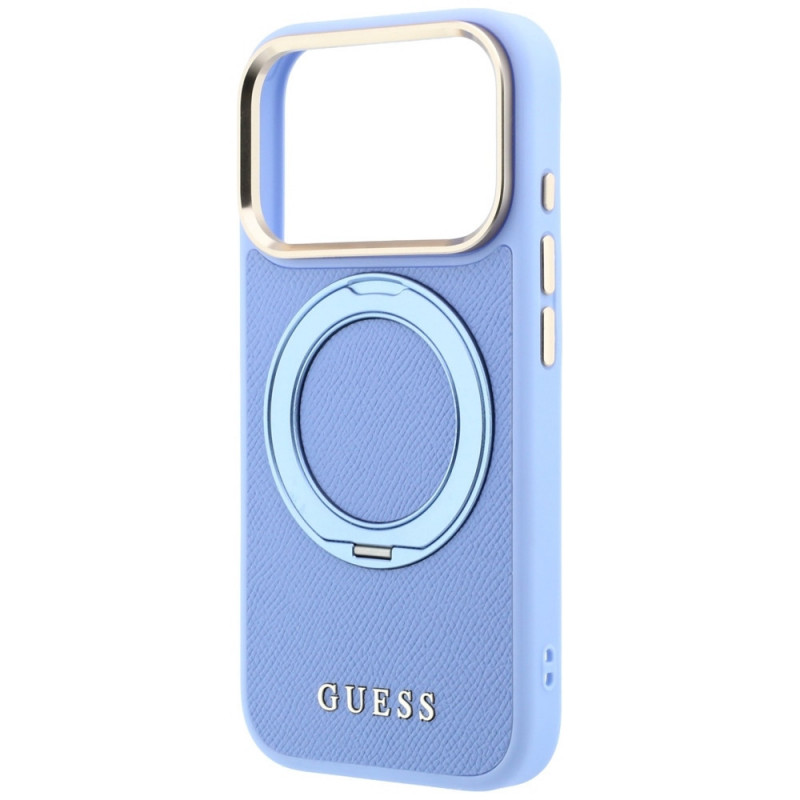 Guess Ring Stand 360 Grained Classic Logo MagSafe-hoesje voor Apple iPhone 18 Pro Max / 17 Pro Max, lichtblauw