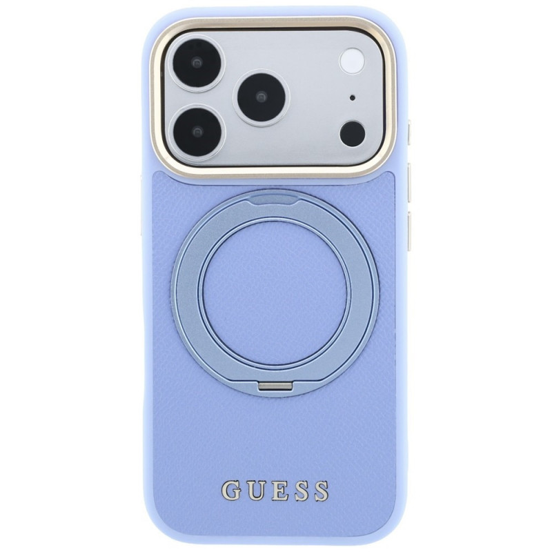 Guess Ring Stand 360 Grained Classic Logo MagSafe-hoesje voor Apple iPhone 18 Pro / 17 Pro, lichtblauw