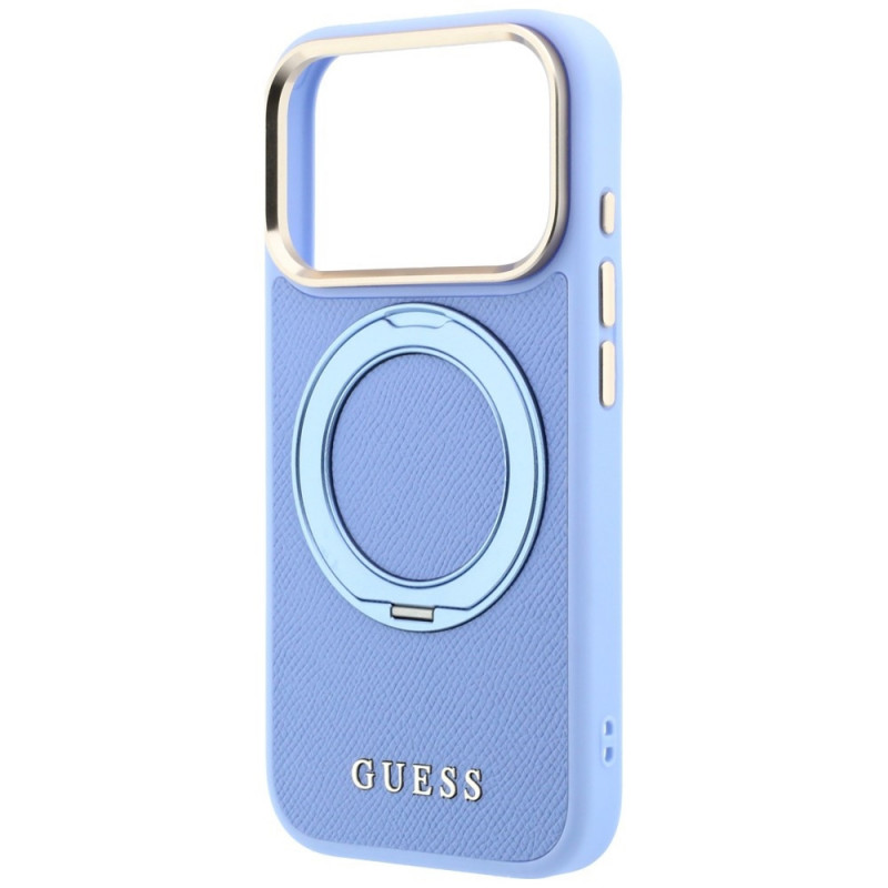 Guess Ring Stand 360 Grained Classic Logo MagSafe-hoesje voor Apple iPhone 18 Pro / 17 Pro, lichtblauw