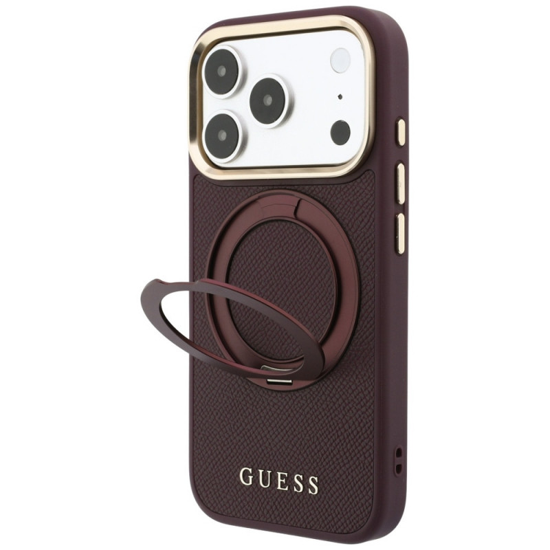 Guess Ring Stand 360 Grained Classic Logo MagSafe-hoesje voor Apple iPhone 18 Pro / 17 Pro, bordeaux