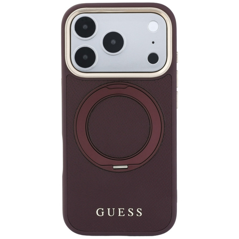 Guess Ring Stand 360 Grained Classic Logo MagSafe-hoesje voor Apple iPhone 18 Pro / 17 Pro, bordeaux