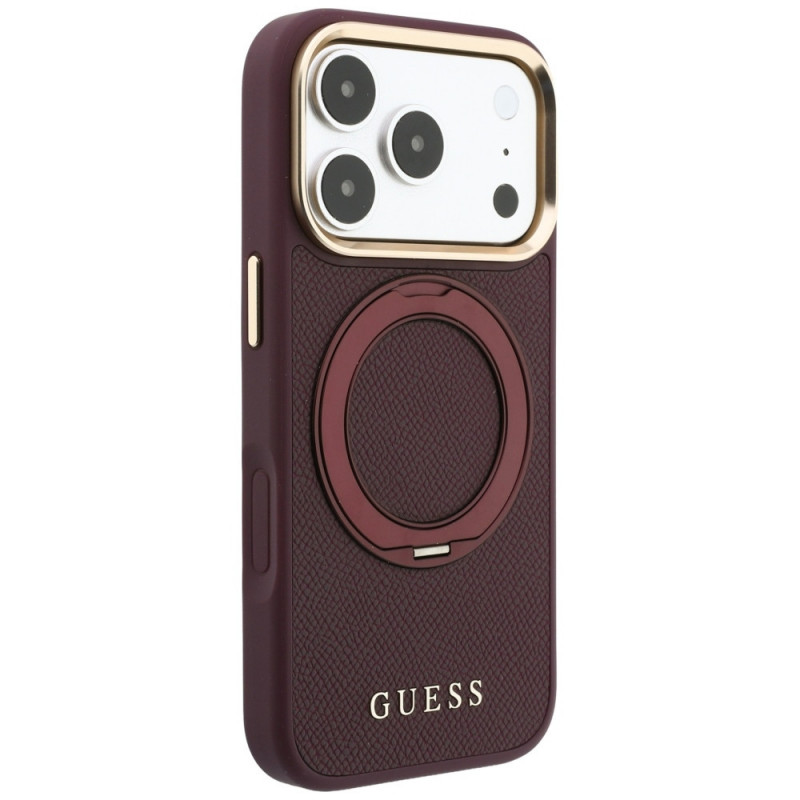 Guess Ring Stand 360 Grained Classic Logo MagSafe-hoesje voor Apple iPhone 18 Pro / 17 Pro, bordeaux