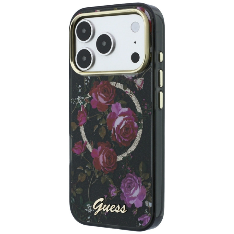 Guess GUE6042 IML Glitter Blossom Roses MagSafe hardcase voor Apple iPhone 18 Pro Max / 17 Pro Max, zwart