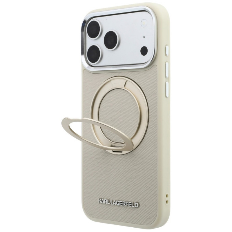 Karl Lagerfeld Ring Stand 360 Saffiano Classic Logo MagSafe-hoesje voor Apple iPhone 18 Pro / 17 Pro, beige