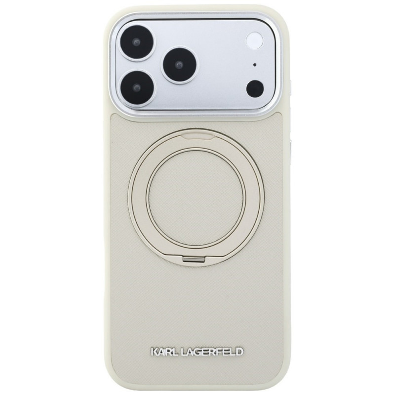 Karl Lagerfeld Ring Stand 360 Saffiano Classic Logo MagSafe-hoesje voor Apple iPhone 18 Pro / 17 Pro, beige