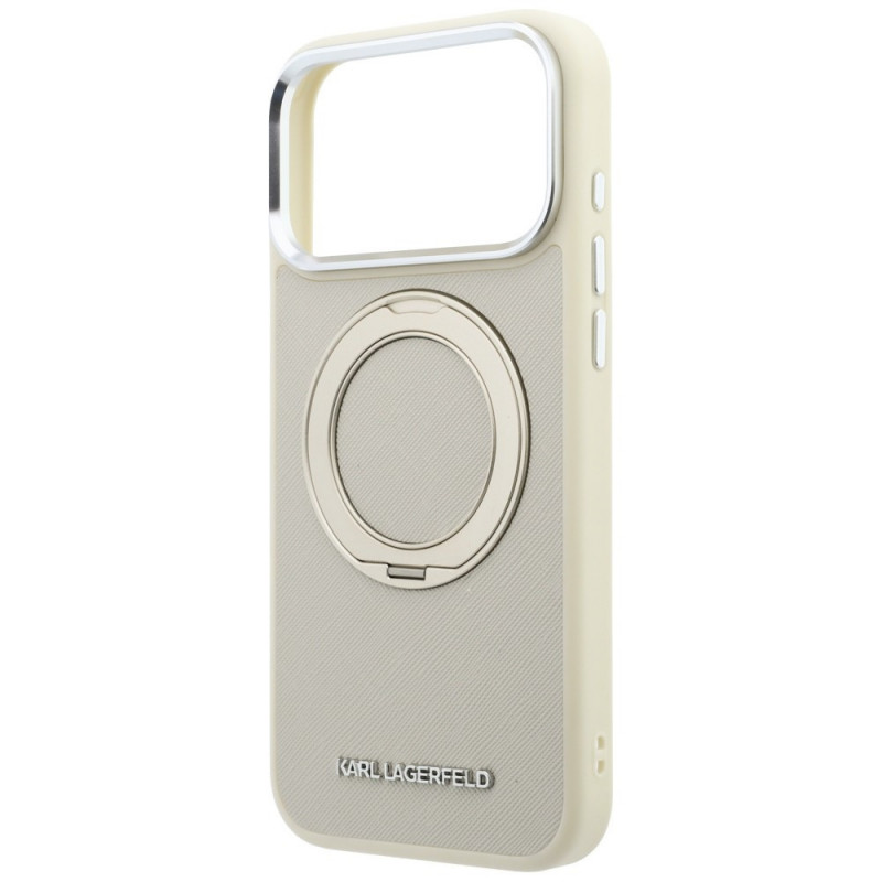 Karl Lagerfeld Ring Stand 360 Saffiano Classic Logo MagSafe-hoesje voor Apple iPhone 18 Pro / 17 Pro, beige