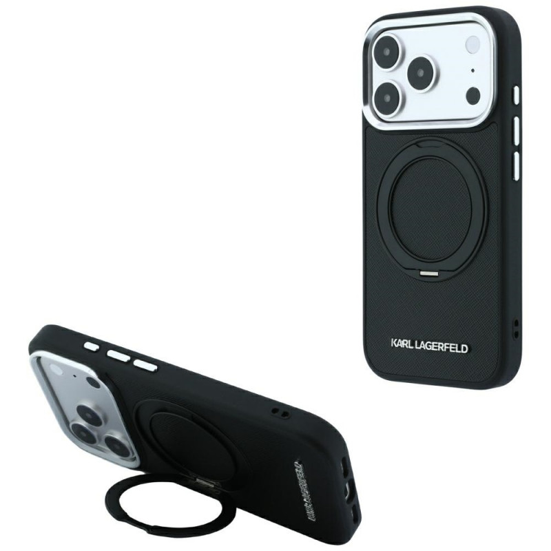 Karl Lagerfeld Ring Stand 360 Saffiano Classic Logo MagSafe-hoesje voor Apple iPhone 18 Pro Max / 17 Pro Max, zwart (KF003180)