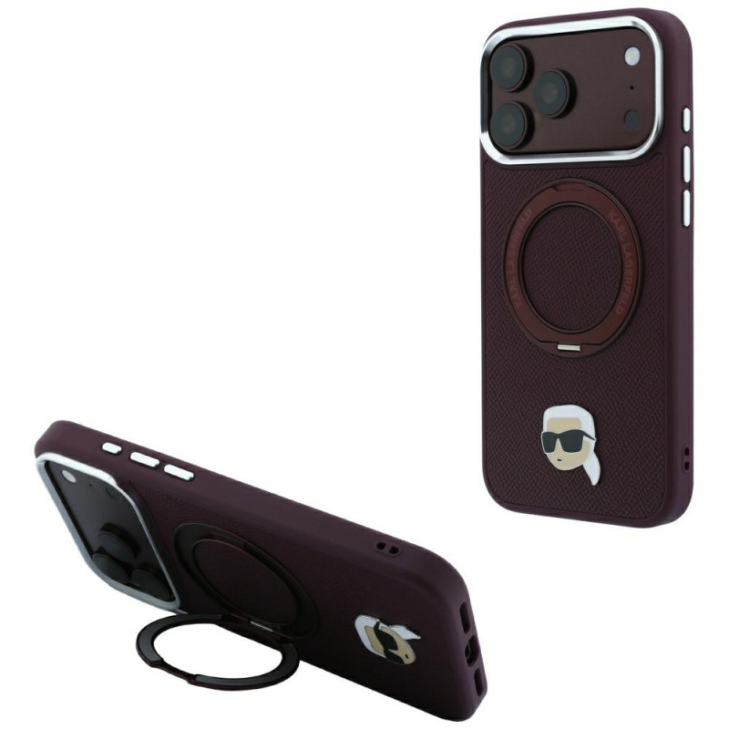 Karl Lagerfeld met Ring Stand 360 Karl Head Pin MagSafe-hoesje voor Apple iPhone 18 Pro Max / 17 Pro Max, bordeauxrood