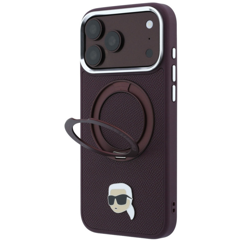 Karl Lagerfeld met Ring Stand 360 Karl Head Pin MagSafe-hoesje voor Apple iPhone 18 Pro Max / 17 Pro Max, bordeauxrood