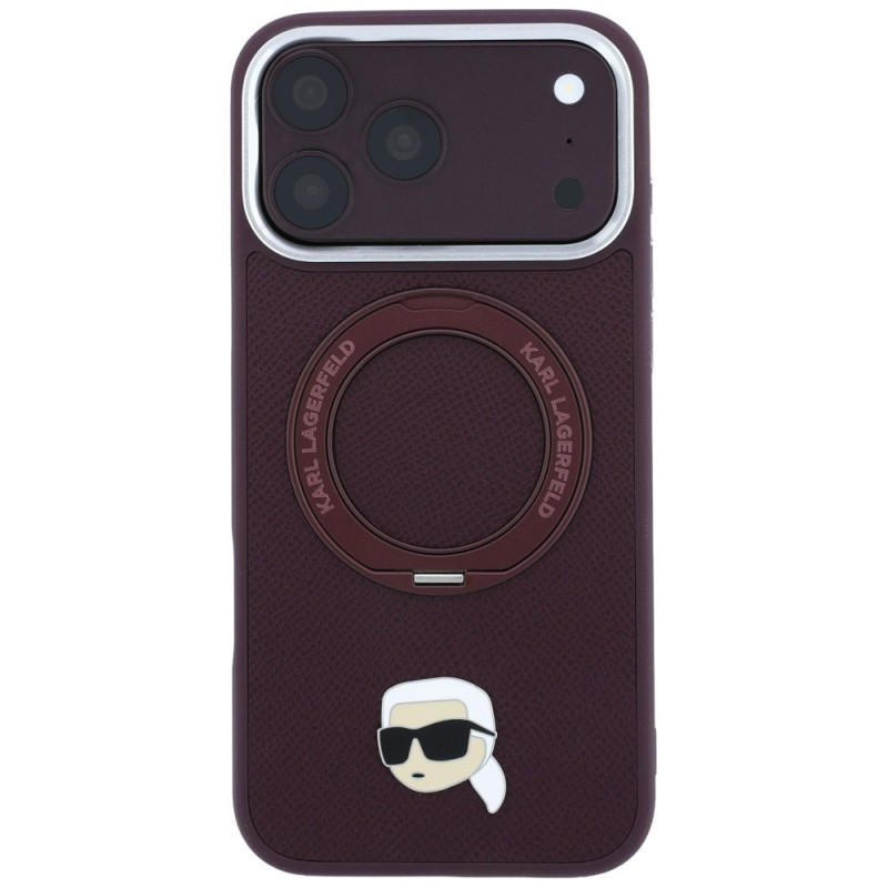 Karl Lagerfeld met Ring Stand 360 Karl Head Pin MagSafe-hoesje voor Apple iPhone 18 Pro Max / 17 Pro Max, bordeauxrood