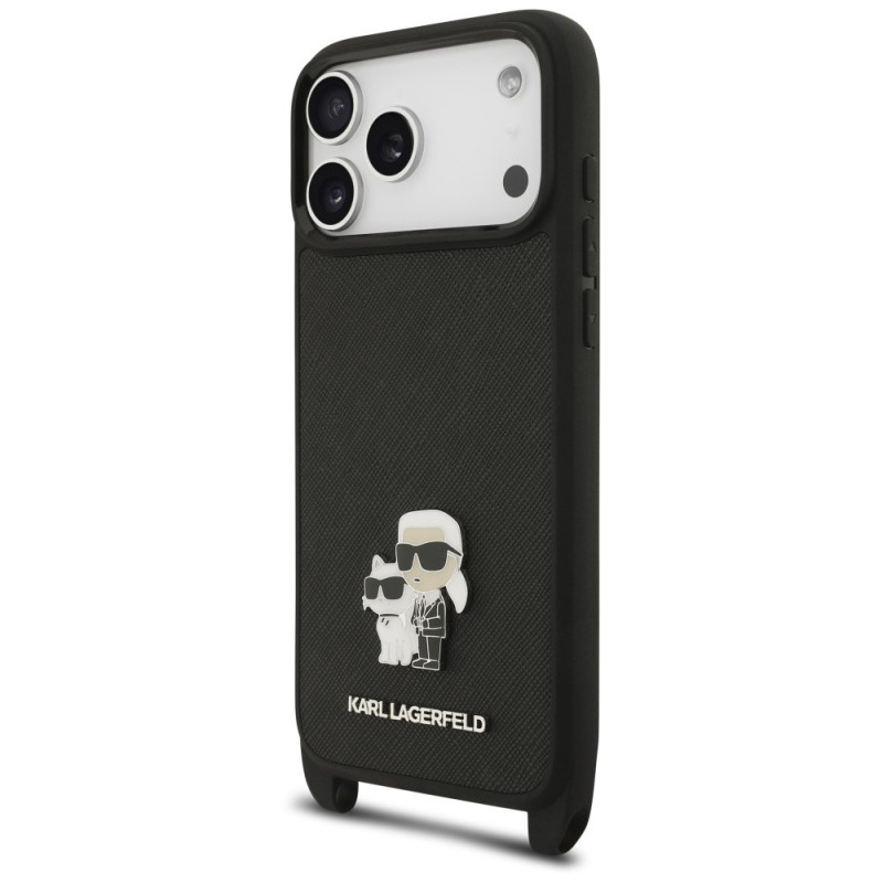 Karl Lagerfeld Saffiano Karl&Choupette Metal Pin CBDY Strap hoesje voor Apple iPhone 18 Pro Max / 17 Pro Max, zwart