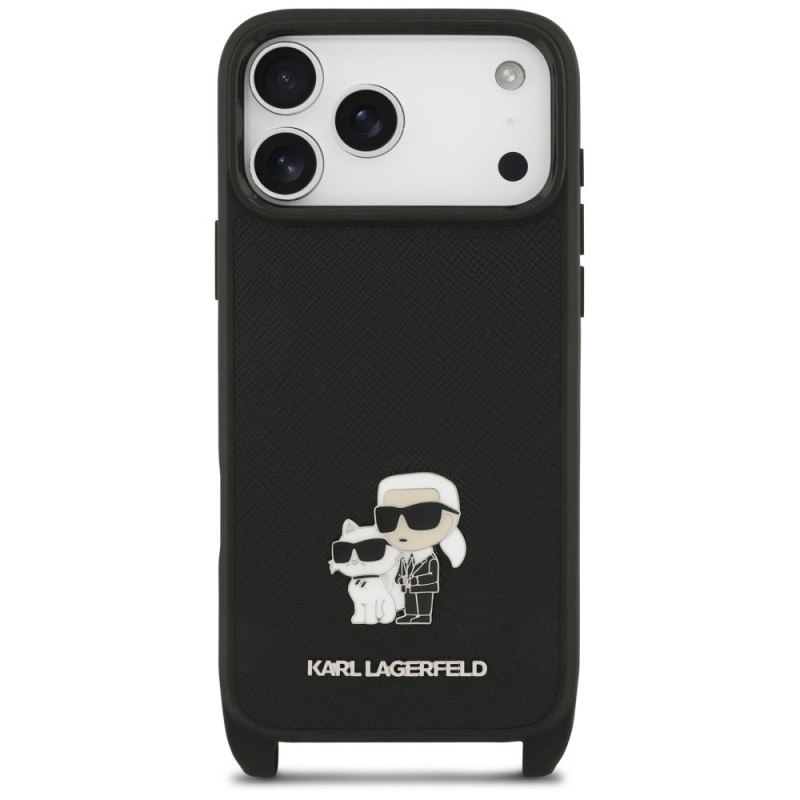 Karl Lagerfeld Saffiano Karl&Choupette Metal Pin CBDY Strap hoesje voor Apple iPhone 18 Pro Max / 17 Pro Max, zwart
