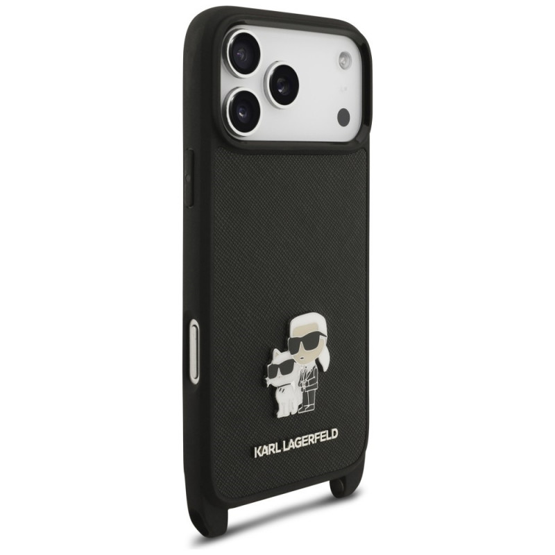 Karl Lagerfeld Saffiano Karl&Choupette Metal Pin CBDY Strap hoesje voor Apple iPhone 18 Pro Max / 17 Pro Max, zwart