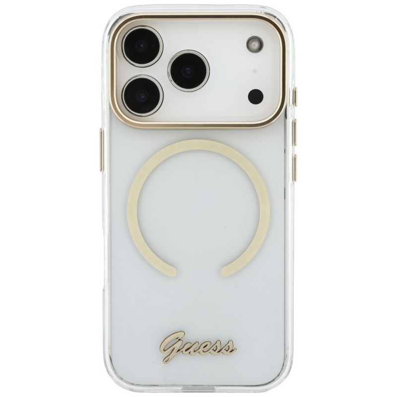 Guess IML Script Metal MagSafe-hoesje voor Apple iPhone 18 Pro Max / 17 Pro Max, transparant
