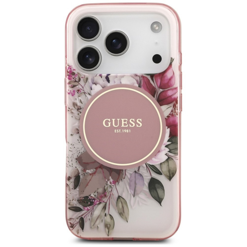 Guess IML Flower & Tonal Circle MagSafe-hoesje voor Apple iPhone 18 Pro Max / 17 Pro Max, roze