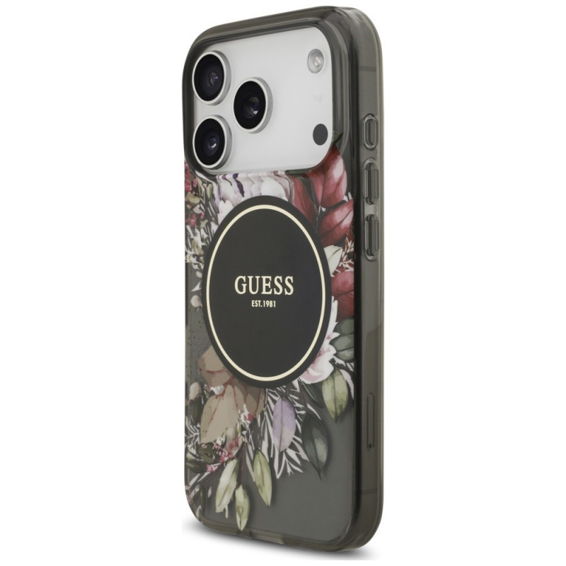 Guess IML Flowers Pearl Strap MagSafe-hoesje voor Apple iPhone 18 Pro / 17 Pro, zwart