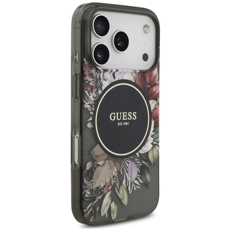 Guess IML Flowers Pearl Strap MagSafe-hoesje voor Apple iPhone 18 Pro / 17 Pro, zwart