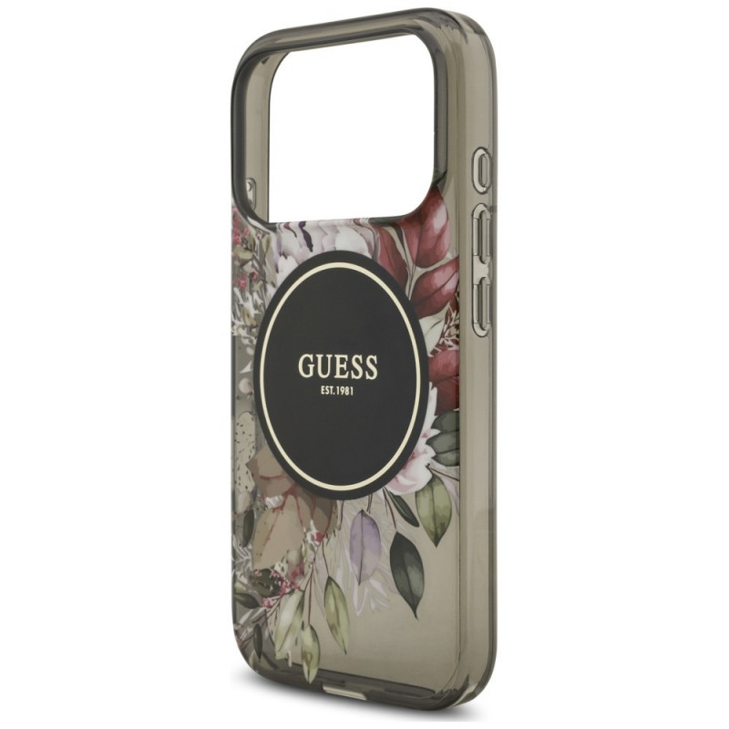 Guess IML Flowers Pearl Strap MagSafe-hoesje voor Apple iPhone 18 Pro / 17 Pro, zwart