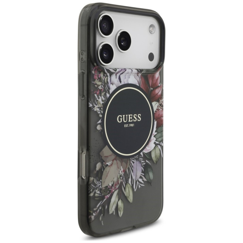 Guess IML Flowers Pearl Strap MagSafe-hoesje voor Apple iPhone 18 Pro Max / 17 Pro Max, zwart