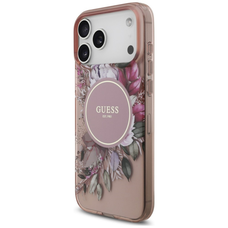 Guess IML Flowers Pearl Strap MagSafe-hoesje voor Apple iPhone 18 Pro / 17 Pro, roze