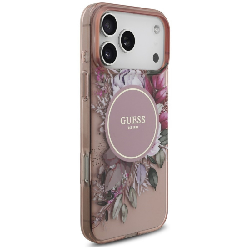 Guess IML Flowers Pearl Strap MagSafe-hoesje voor Apple iPhone 18 Pro / 17 Pro, roze