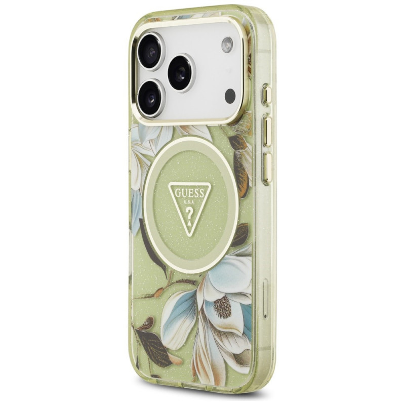 Guess IML Glitter Flowers Triangle MagSafe-hoesje voor Apple iPhone 18 Pro Max / 17 Pro Max, groen