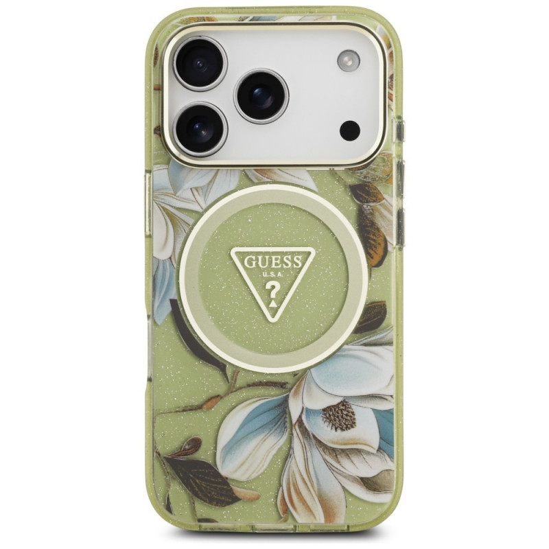 Guess IML Glitter Flowers Triangle MagSafe-hoesje voor Apple iPhone 18 Pro Max / 17 Pro Max, groen