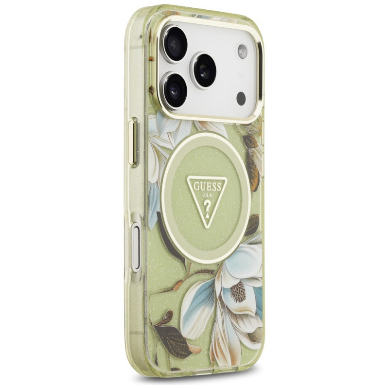 Guess IML Glitter Flowers Triangle MagSafe-hoesje voor Apple iPhone 18 Pro Max / 17 Pro Max, groen