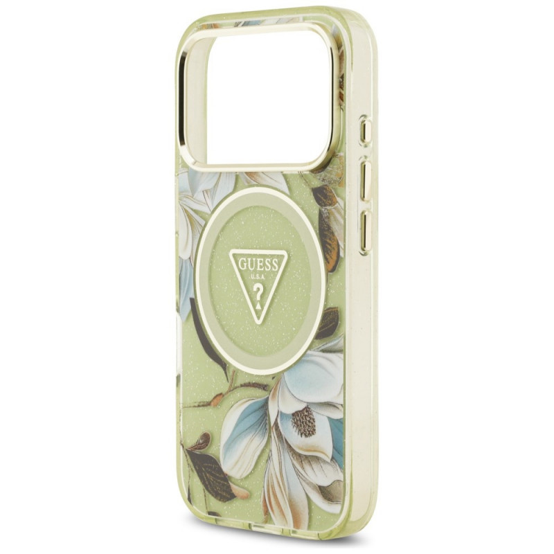 Guess IML Glitter Flowers Triangle MagSafe-hoesje voor Apple iPhone 18 Pro Max / 17 Pro Max, groen