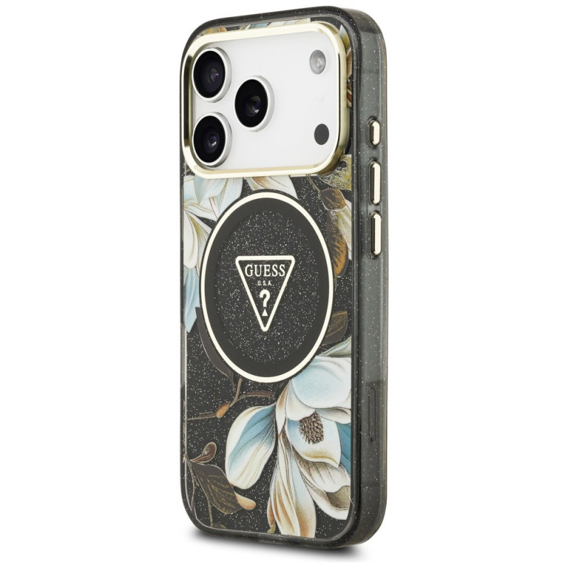 Guess IML Glitter Flowers Triangle MagSafe-hoesje voor Apple iPhone 18 Pro Max / 17 Pro Max, zwart