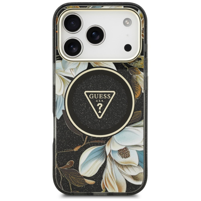 Guess IML Glitter Flowers Triangle MagSafe-hoesje voor Apple iPhone 18 Pro Max / 17 Pro Max, zwart