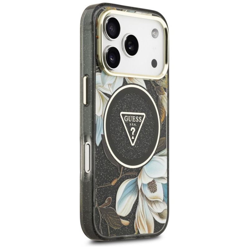 Guess IML Glitter Flowers Triangle MagSafe-hoesje voor Apple iPhone 18 Pro Max / 17 Pro Max, zwart
