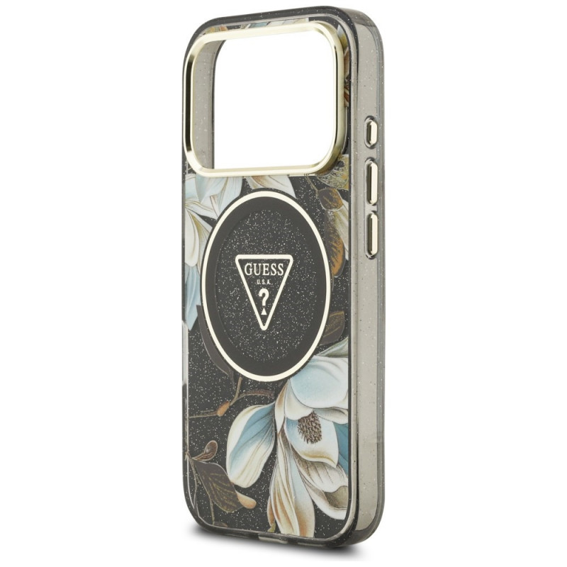 Guess IML Glitter Flowers Triangle MagSafe-hoesje voor Apple iPhone 18 Pro Max / 17 Pro Max, zwart