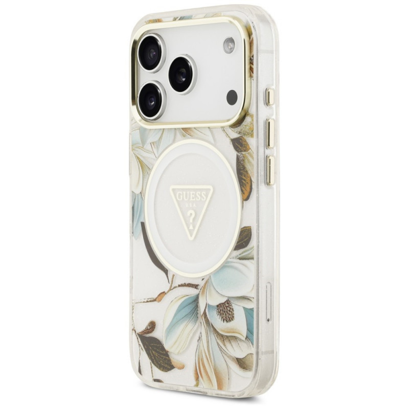 Guess IML Glitter Flowers Triangle MagSafe-hoesje voor Apple iPhone 18 Pro Max / 17 Pro Max, wit