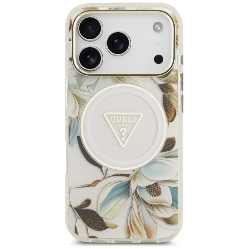 Guess IML Glitter Flowers Triangle MagSafe-hoesje voor Apple iPhone 18 Pro Max / 17 Pro Max, wit