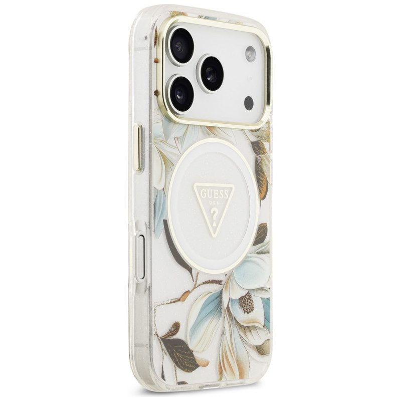 Guess IML Glitter Flowers Triangle MagSafe-hoesje voor Apple iPhone 18 Pro Max / 17 Pro Max, wit