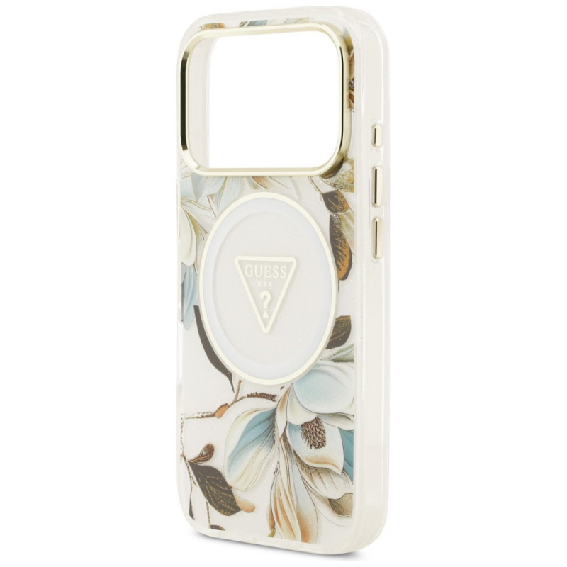 Guess IML Glitter Flowers Triangle MagSafe-hoesje voor Apple iPhone 18 Pro Max / 17 Pro Max, wit