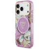 Guess IML Glitter Flowers Triangle MagSafe-hoesje voor Apple iPhone 18 Pro Max / 17 Pro Max, paars