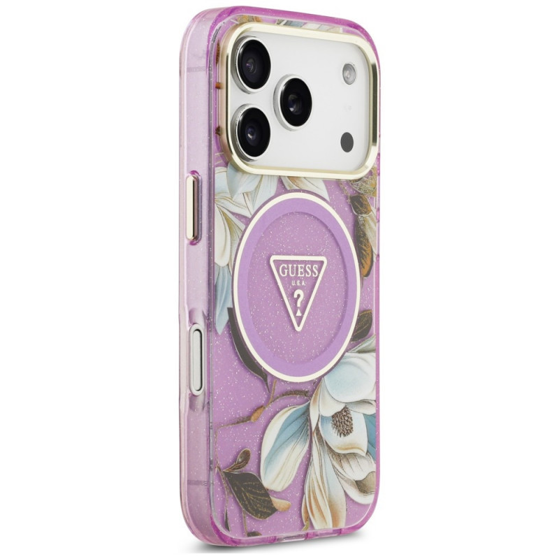 Guess IML Glitter Flowers Triangle MagSafe-hoesje voor Apple iPhone 18 Pro Max / 17 Pro Max, paars